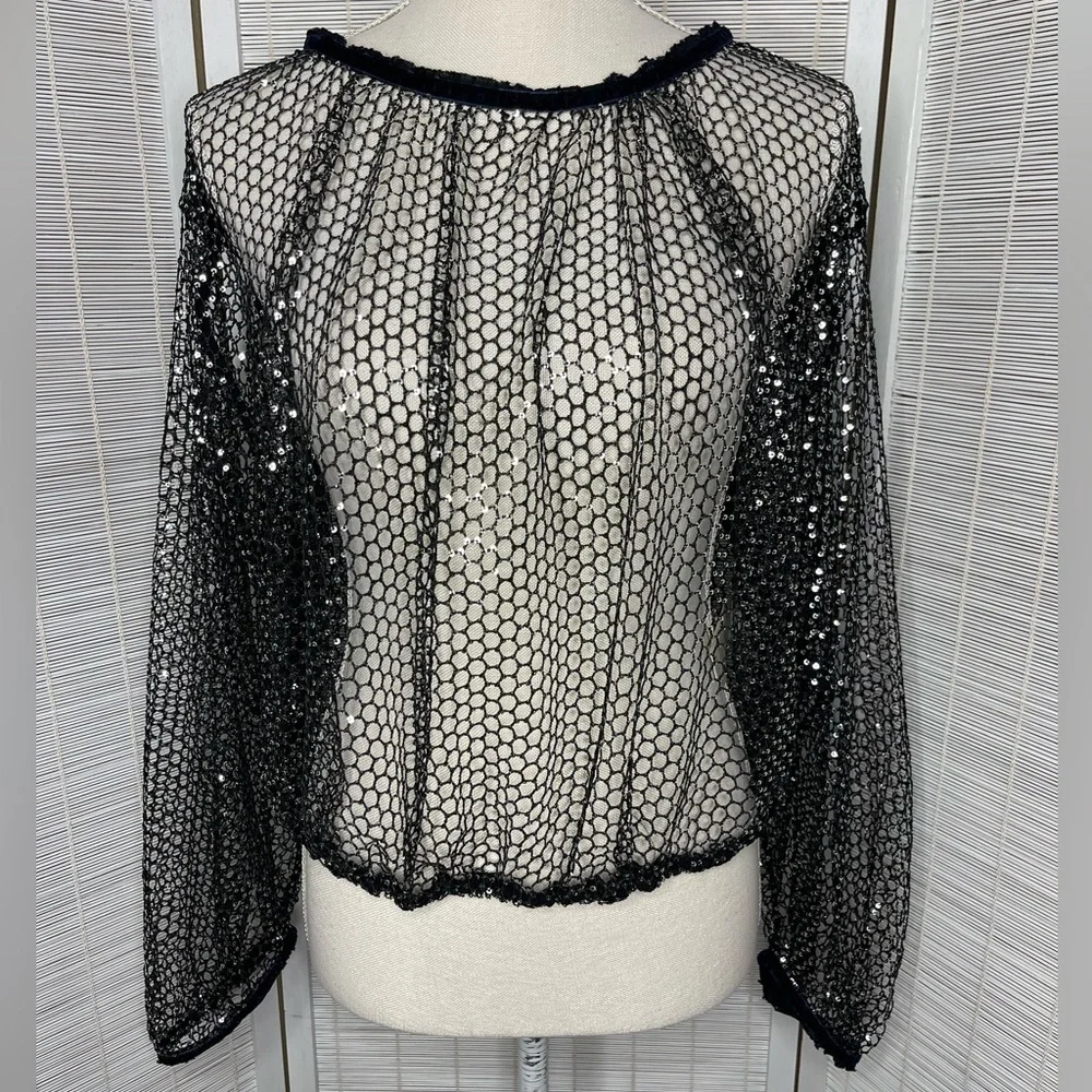 Free People Sparks Fly Sequin Fishnet Mesh Top Black Velvet Detail NWT M